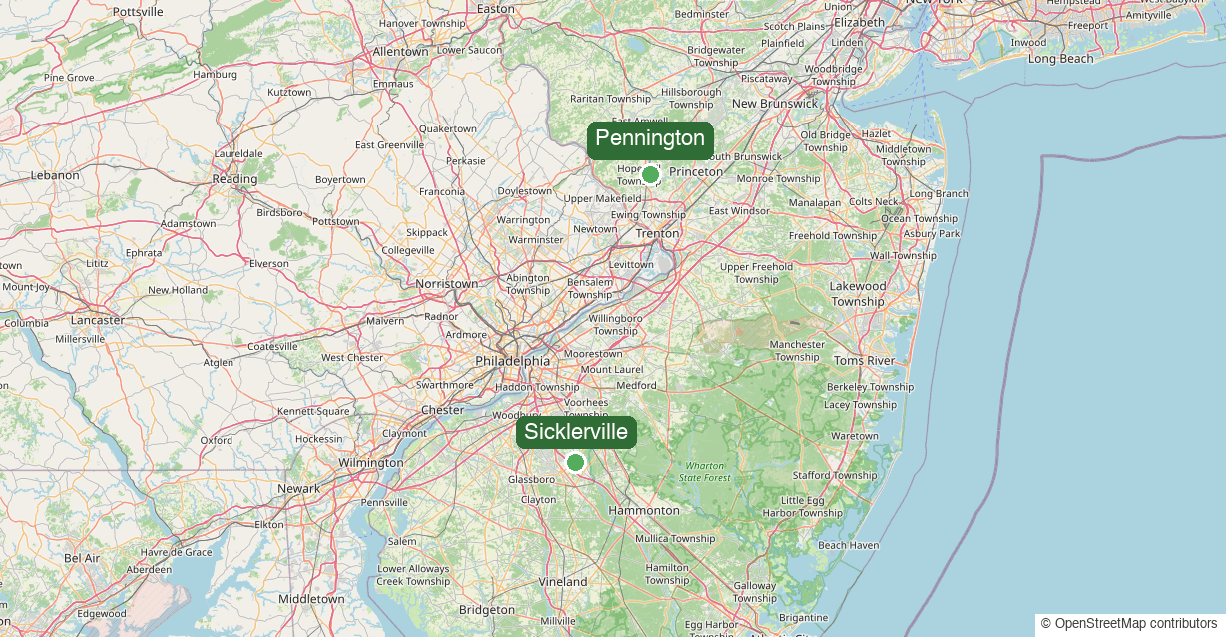 Map of The Village Learning Center locations in Pennington and Sicklerville, New Jersey